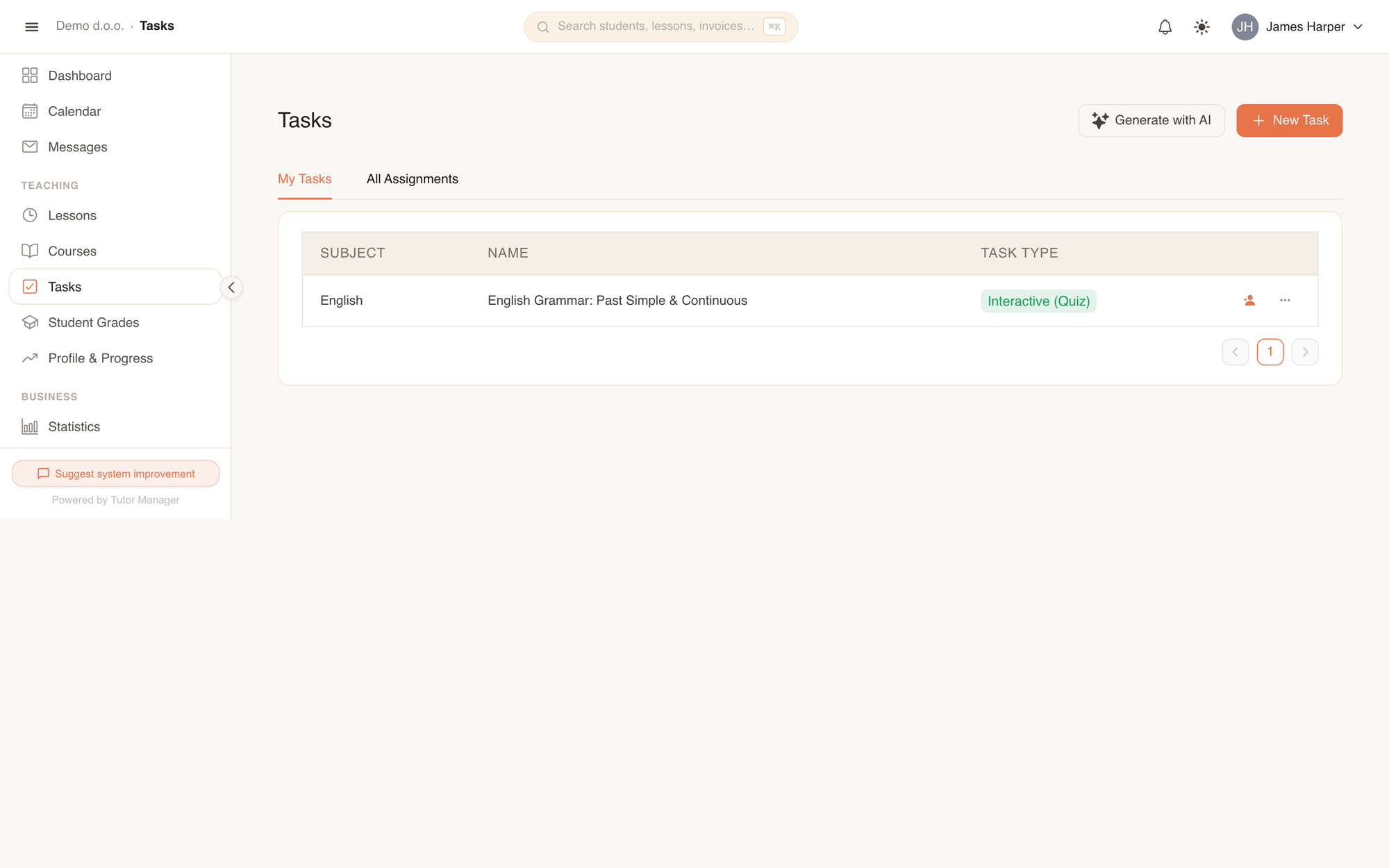 The Tasks page showing task templates, subjects, and assignment filters