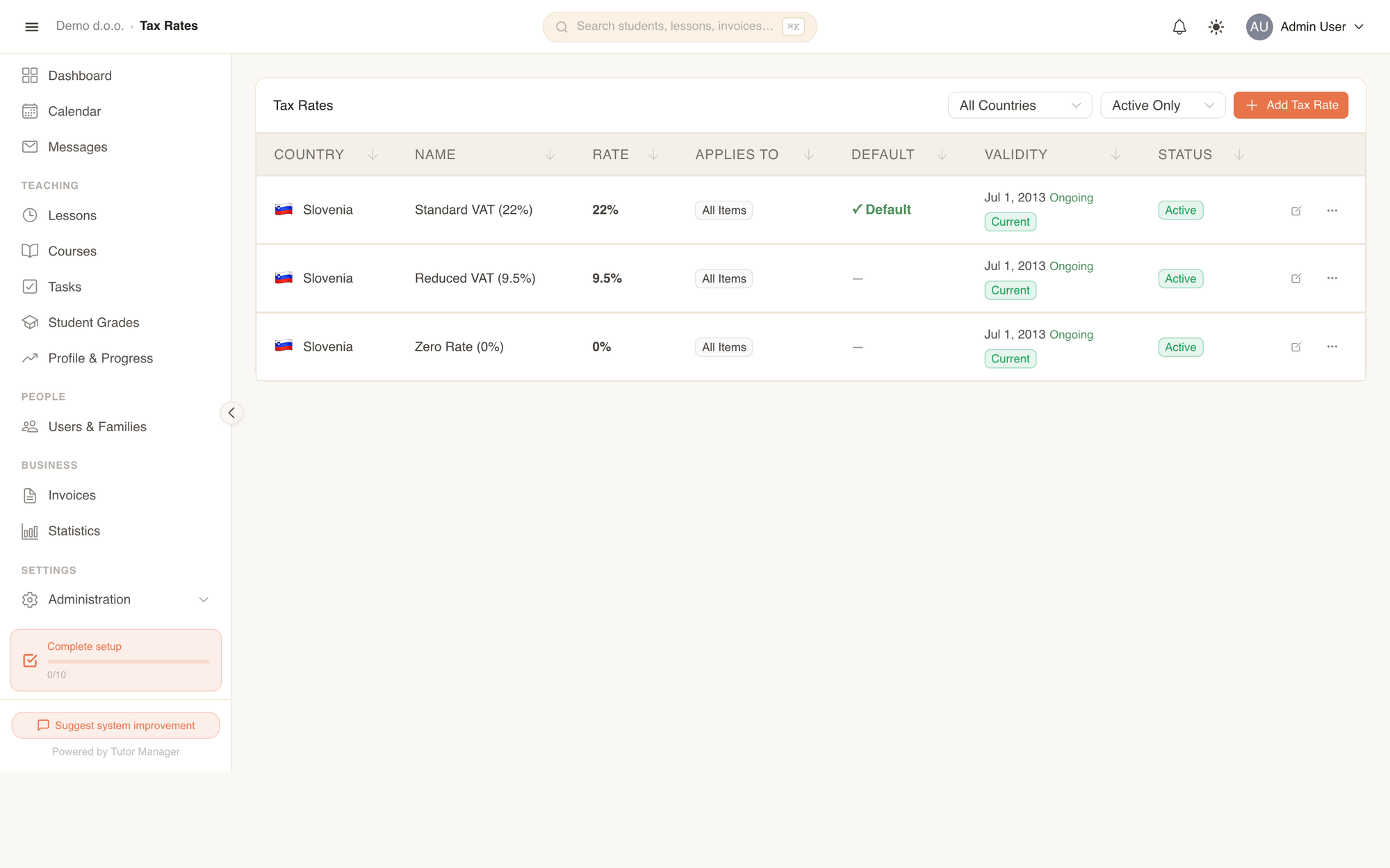 Tax Rates table filtered by country, rate, and application scope