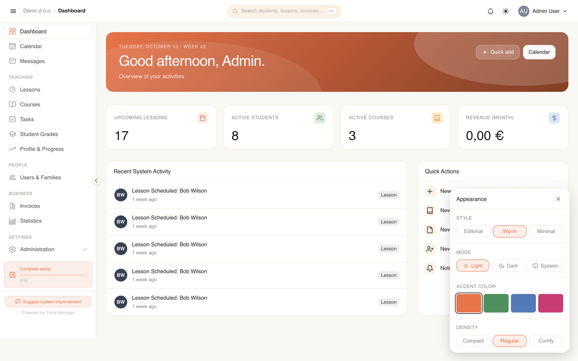 The Appearance panel: mode, accent colour and density