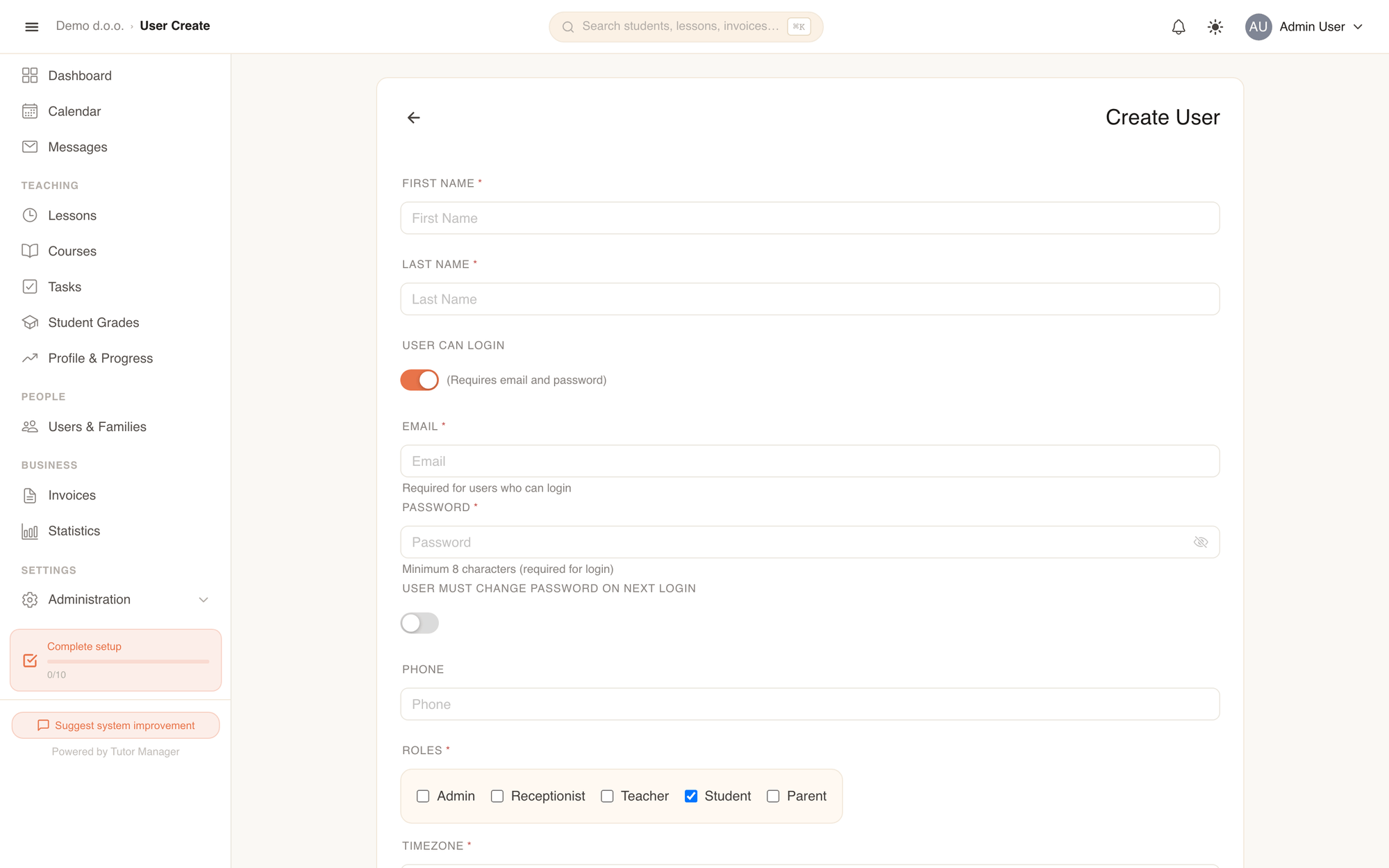 Creating a new user account with login controls, roles, and address fields