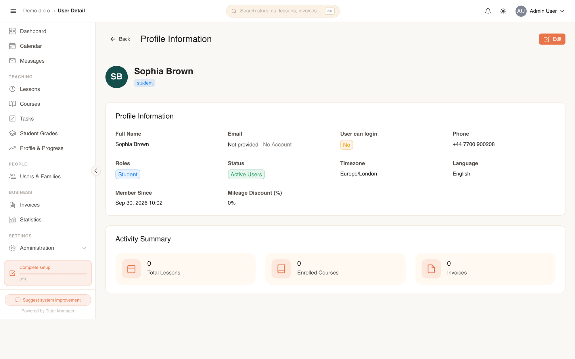 The user detail page for a student showing profile metadata, address, family members, and activity stats