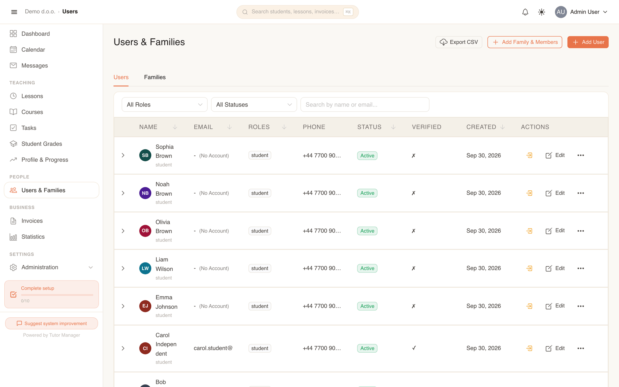 The Users page: filter by role or status, search records, and view user details