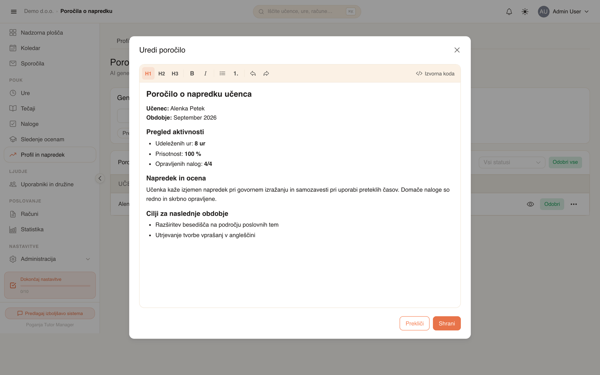 Urejevalnik poročila o napredku z orodji Markdown in predogledom v živo