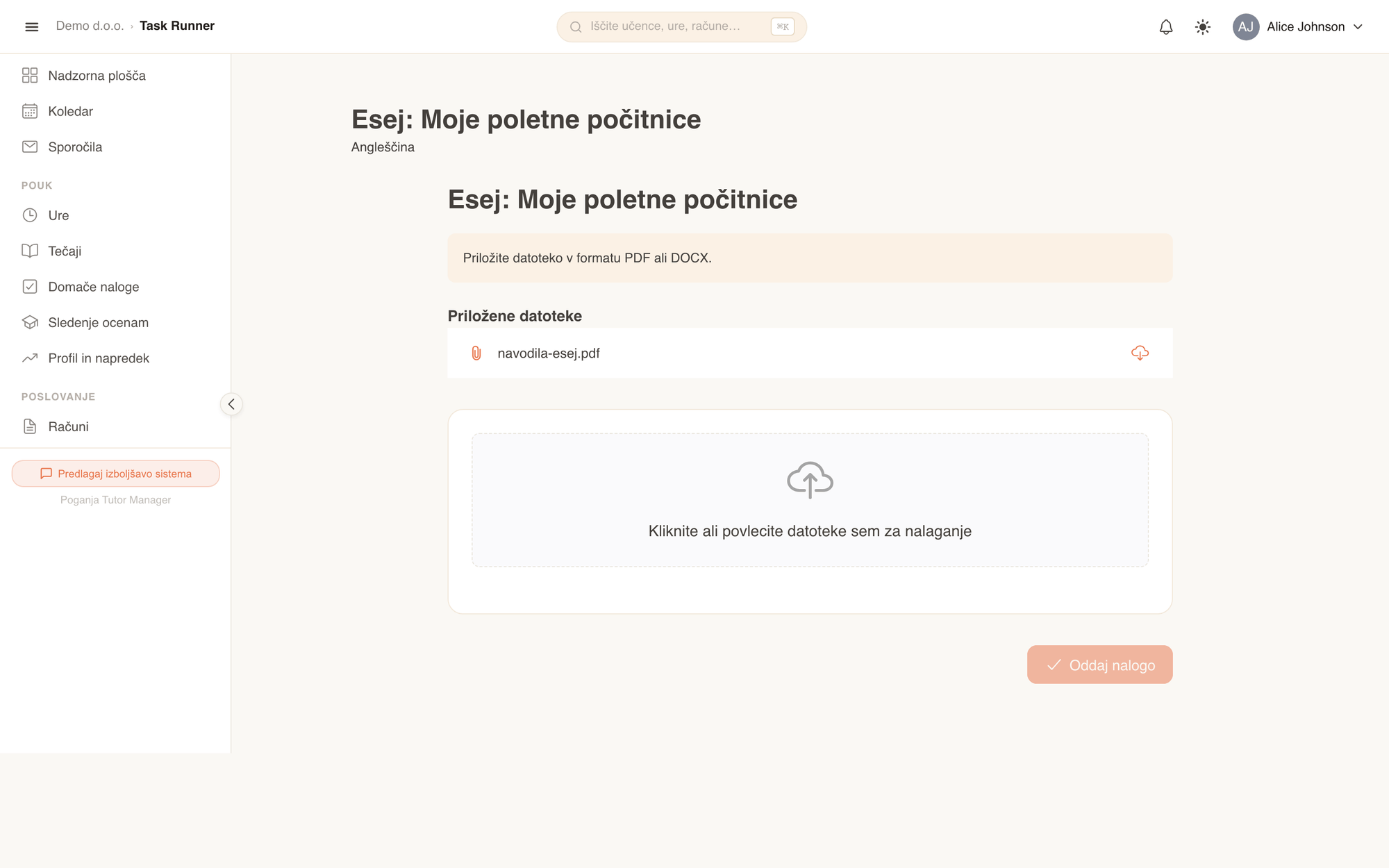 Naloga z oddajo datoteke, kot jo vidi učenec