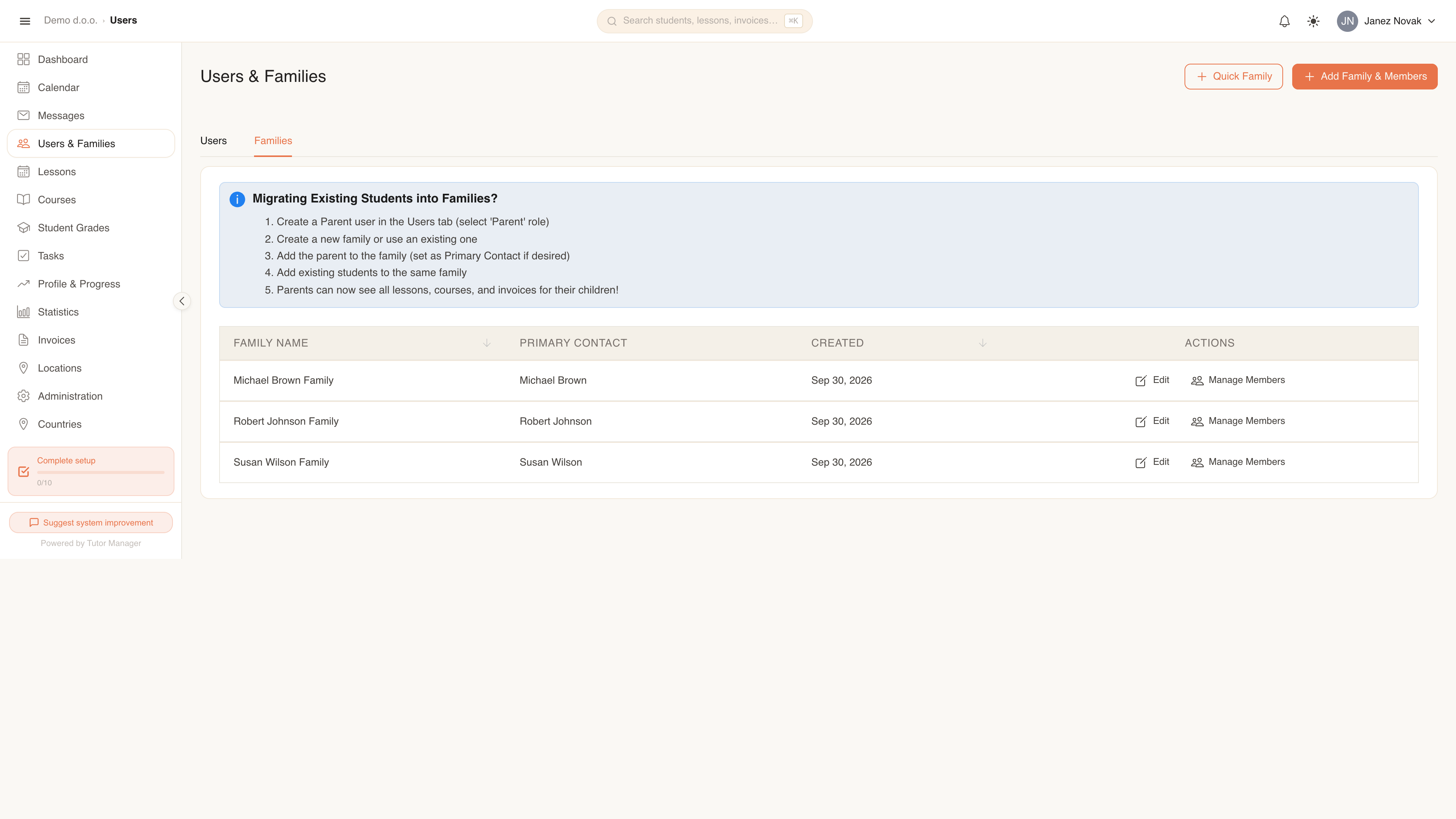 Family and sibling management in TutorManager
