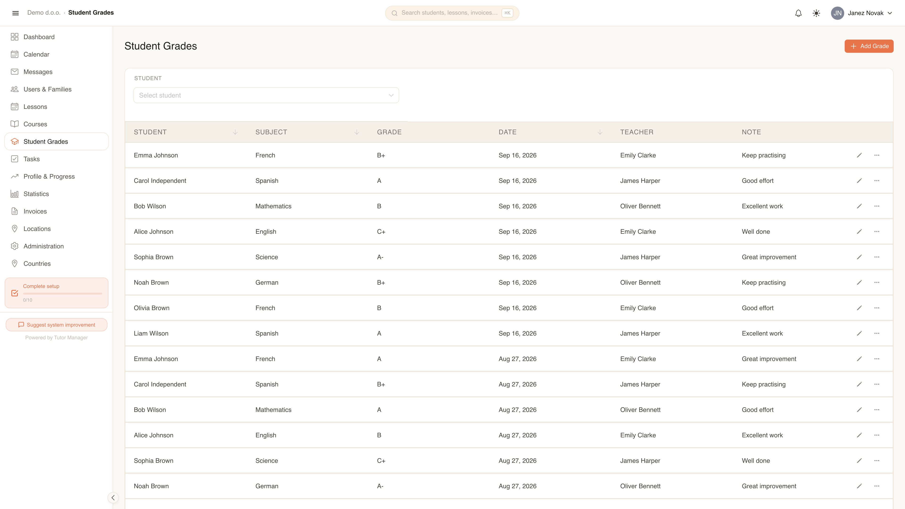 Student academic grade tracking in TutorManager